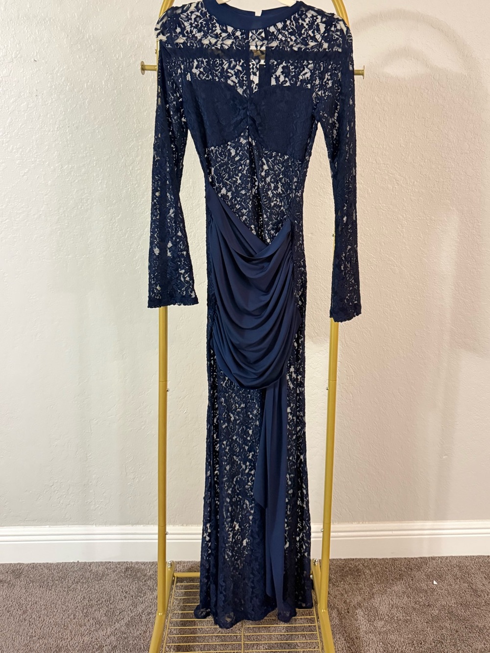 NWT Fashion Nova Scandalous Slip Lace Maxi Dress Navy - Picture 3 of 5
